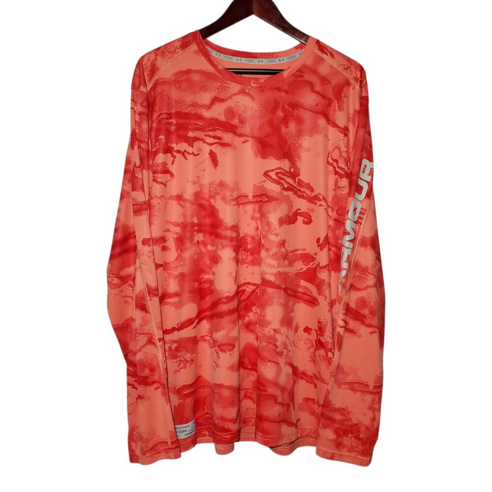 Under Armour Fish Long Sleeve Shirt Men's 2XL Red Camo Mesh Heatgear UPF 50